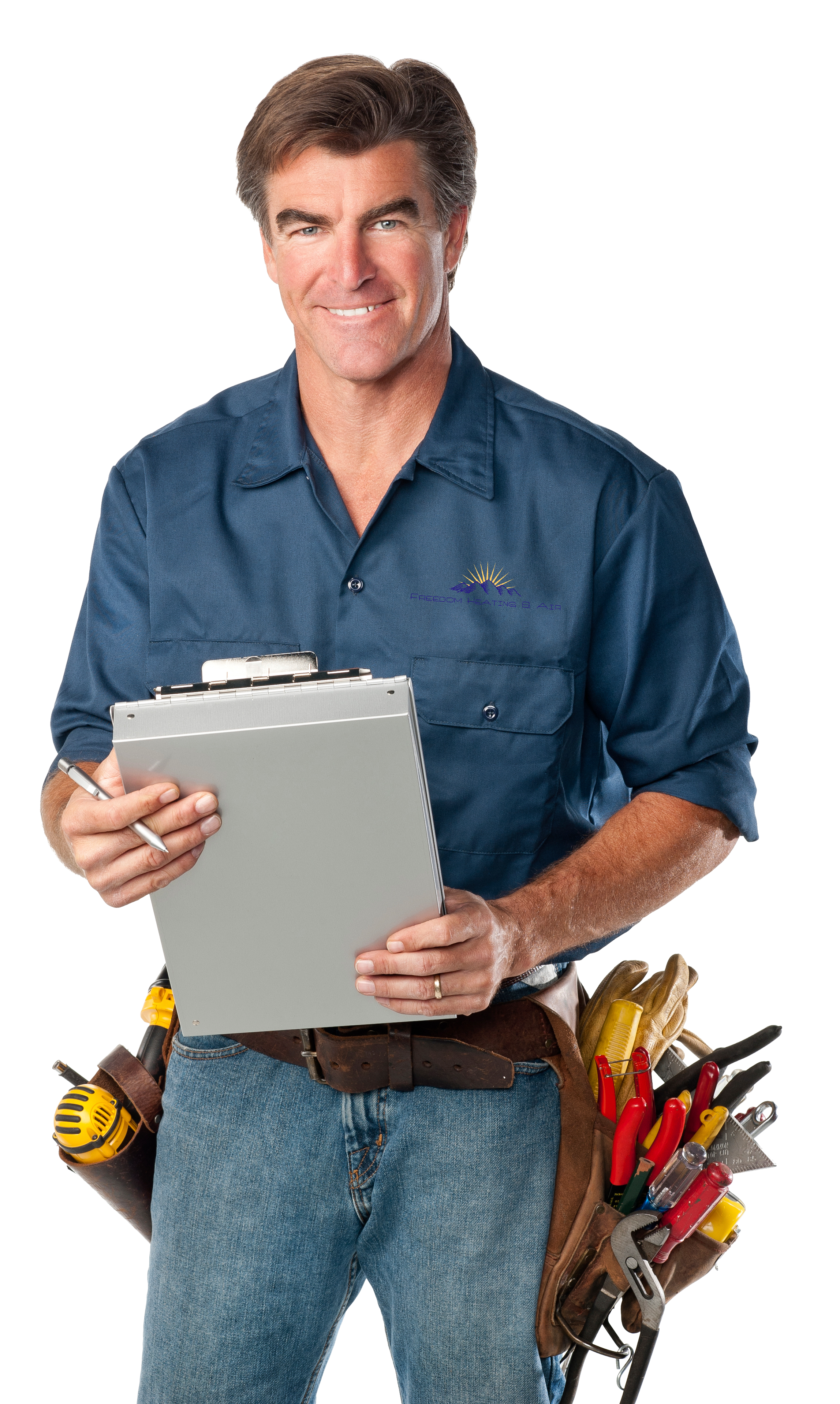 hvac tech with clipboard and tools